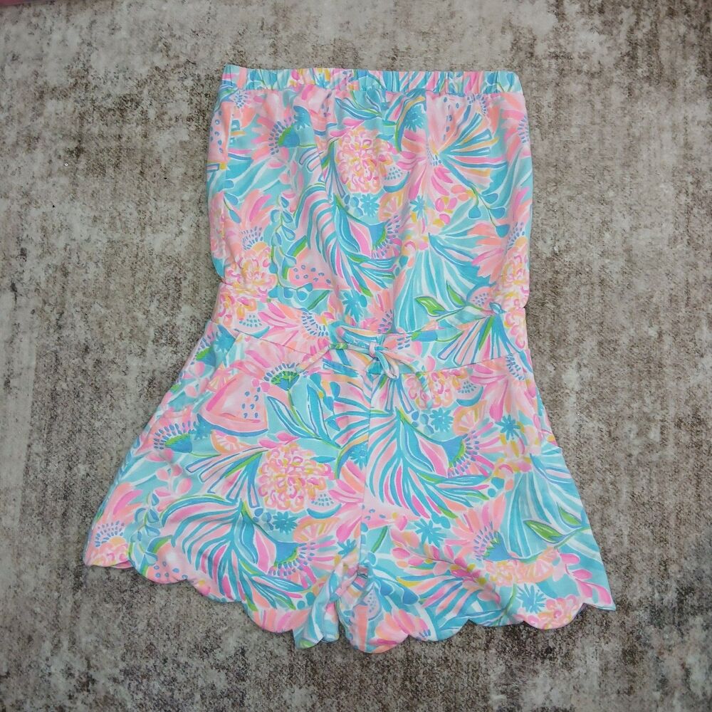 Lilly Pulitzer Jace Strapless Romper S Scalloped Hem Floral Pockets Beach Pool - Picture 9 of 15
